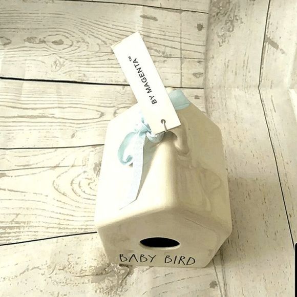 Rae Dunn Baby Bird Birdhouse w/ Blue Ribbon & Two Bird Decals 5" D, 7.5" H, 5" W - Picture 8 of 9